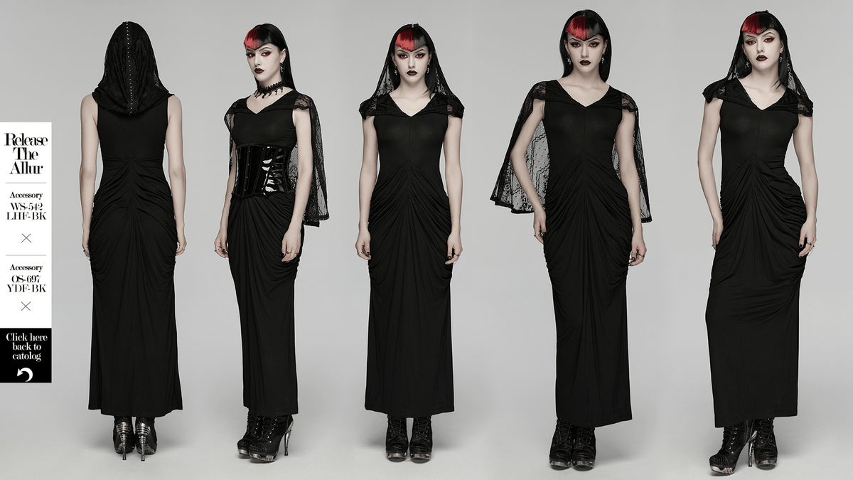 Women's Hooded Gothic Ruched Lace Evening Dress