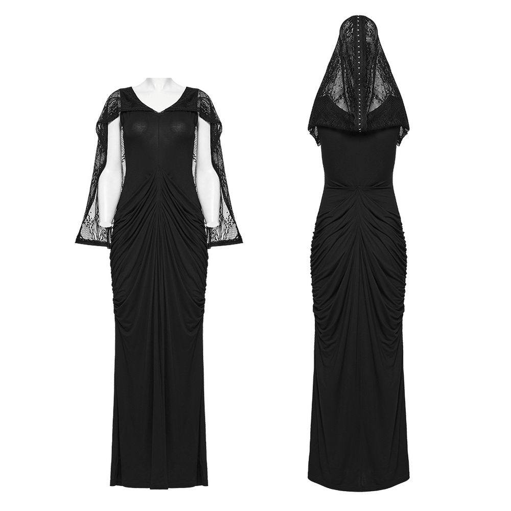 Women's Hooded Gothic Ruched Lace Evening Dress
