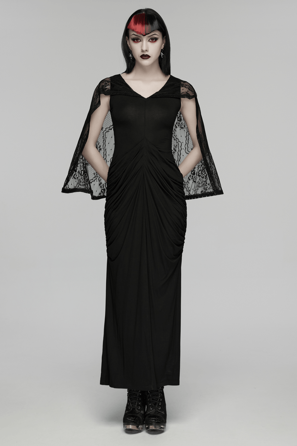 Women's Hooded Gothic Ruched Lace Evening Dress