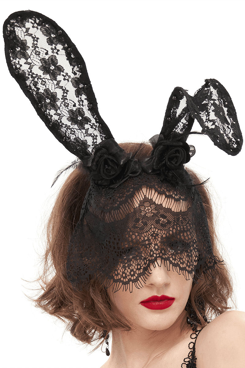 Women's Lace Rabbit Ears Headdress With Face Mask / Gothic Sexy Hair Accessories