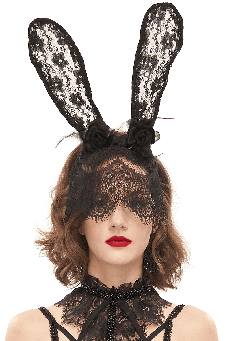 Women's Lace Rabbit Ears Headdress With Face Mask / Gothic Sexy Hair Accessories