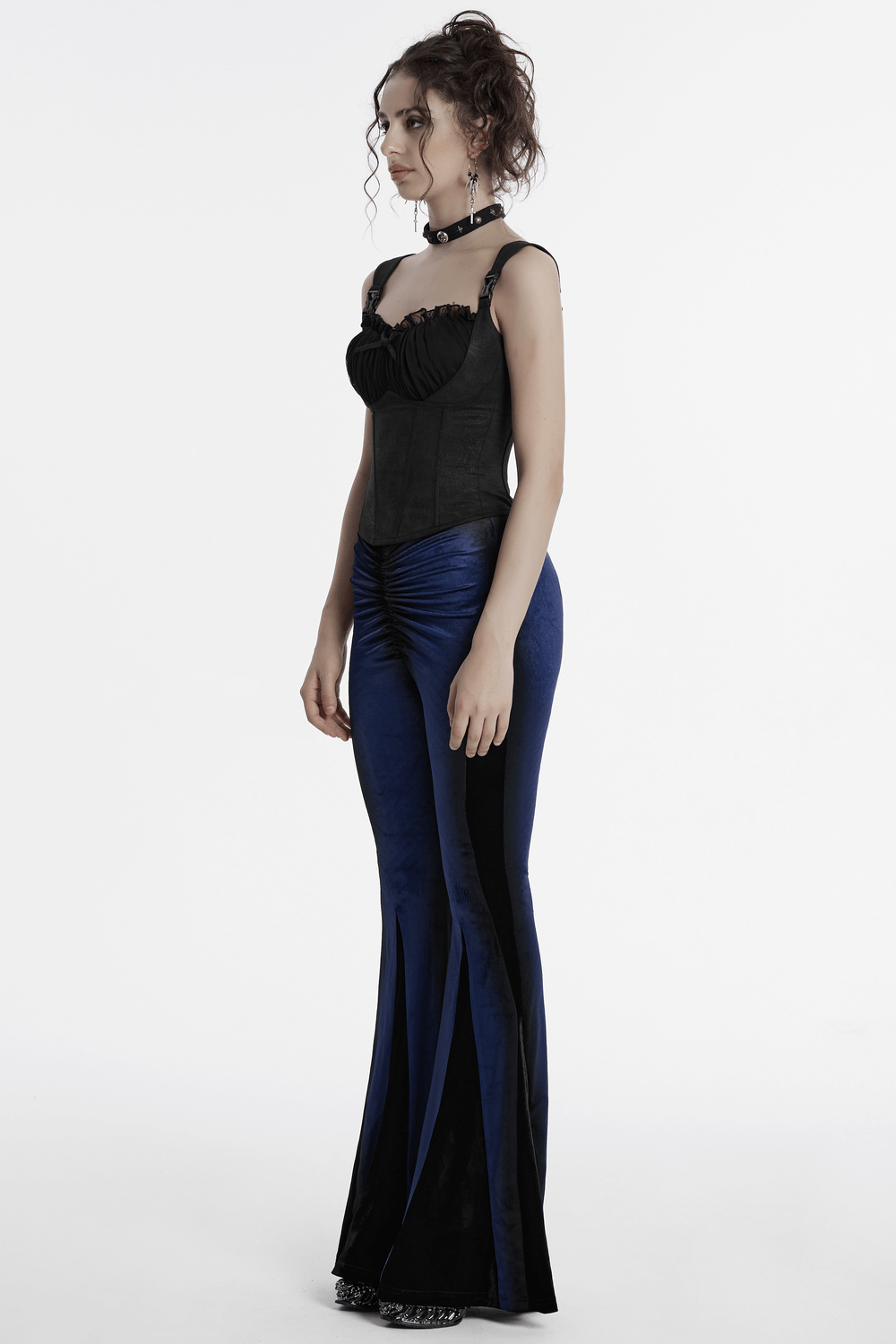 Women's Navy Velvet Flare Pants with Black Inserts
