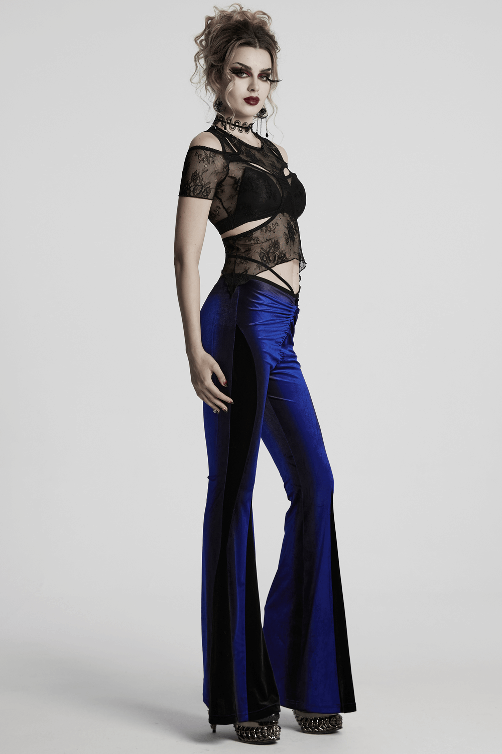 Women's Navy Velvet Flare Pants with Black Inserts