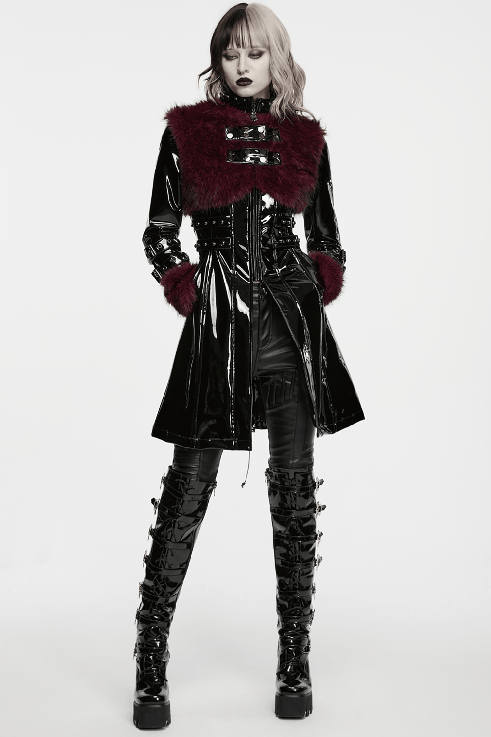 Women's Patent Leather Coat with Burgundy Faux Fur