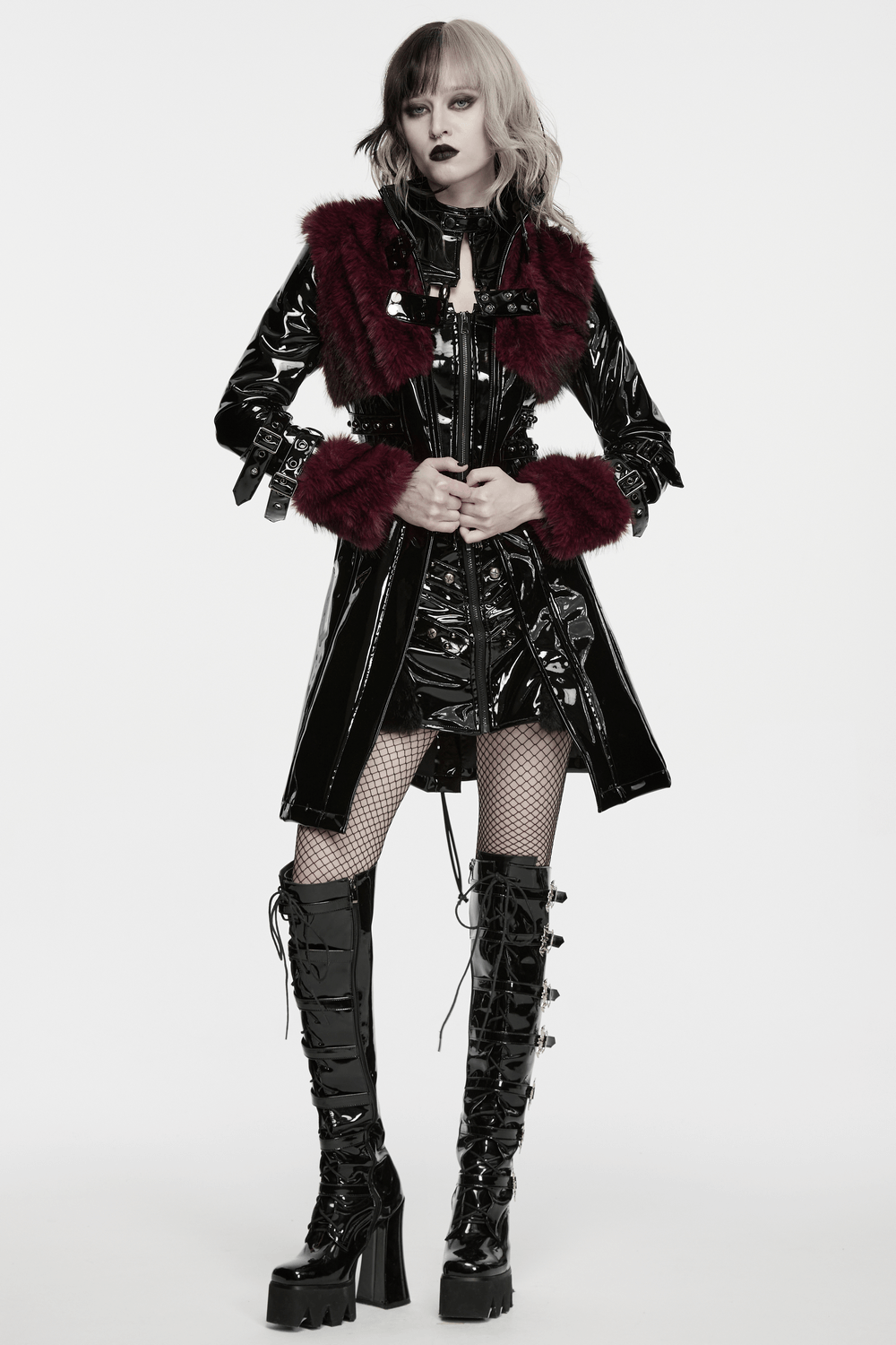 Women's Patent Leather Coat with Burgundy Faux Fur