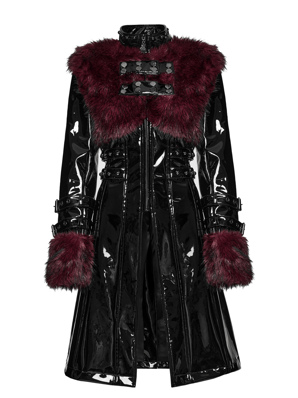 Women's Patent Leather Coat with Burgundy Faux Fur
