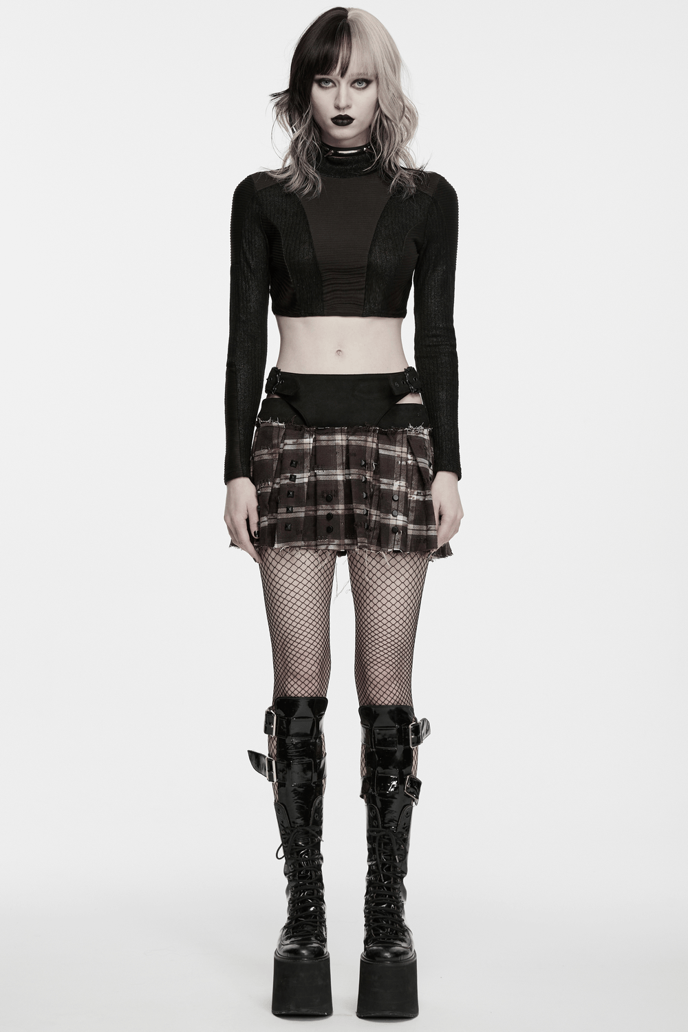 Women's Punk Plaid Mini Skirt with Studded Belt