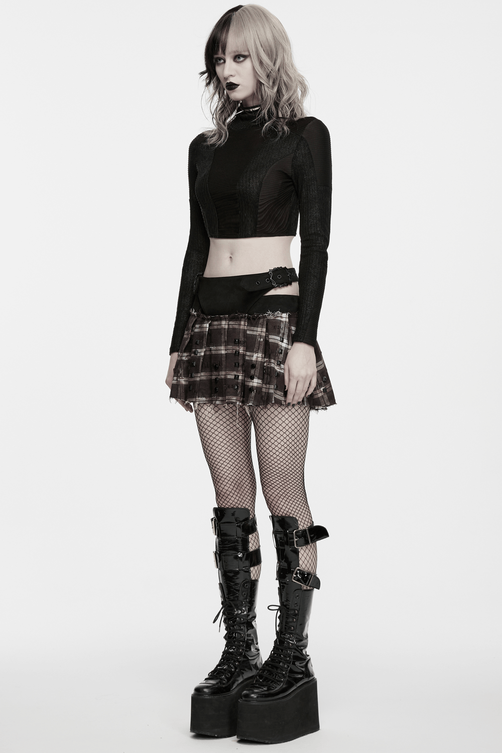 Women's Punk Plaid Mini Skirt with Studded Belt