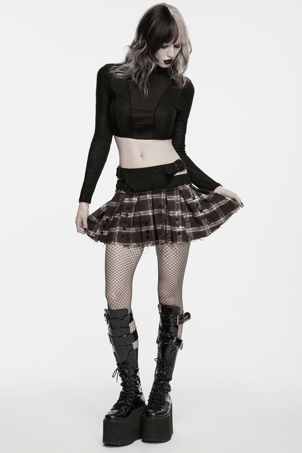 Women's Punk Plaid Mini Skirt with Studded Belt