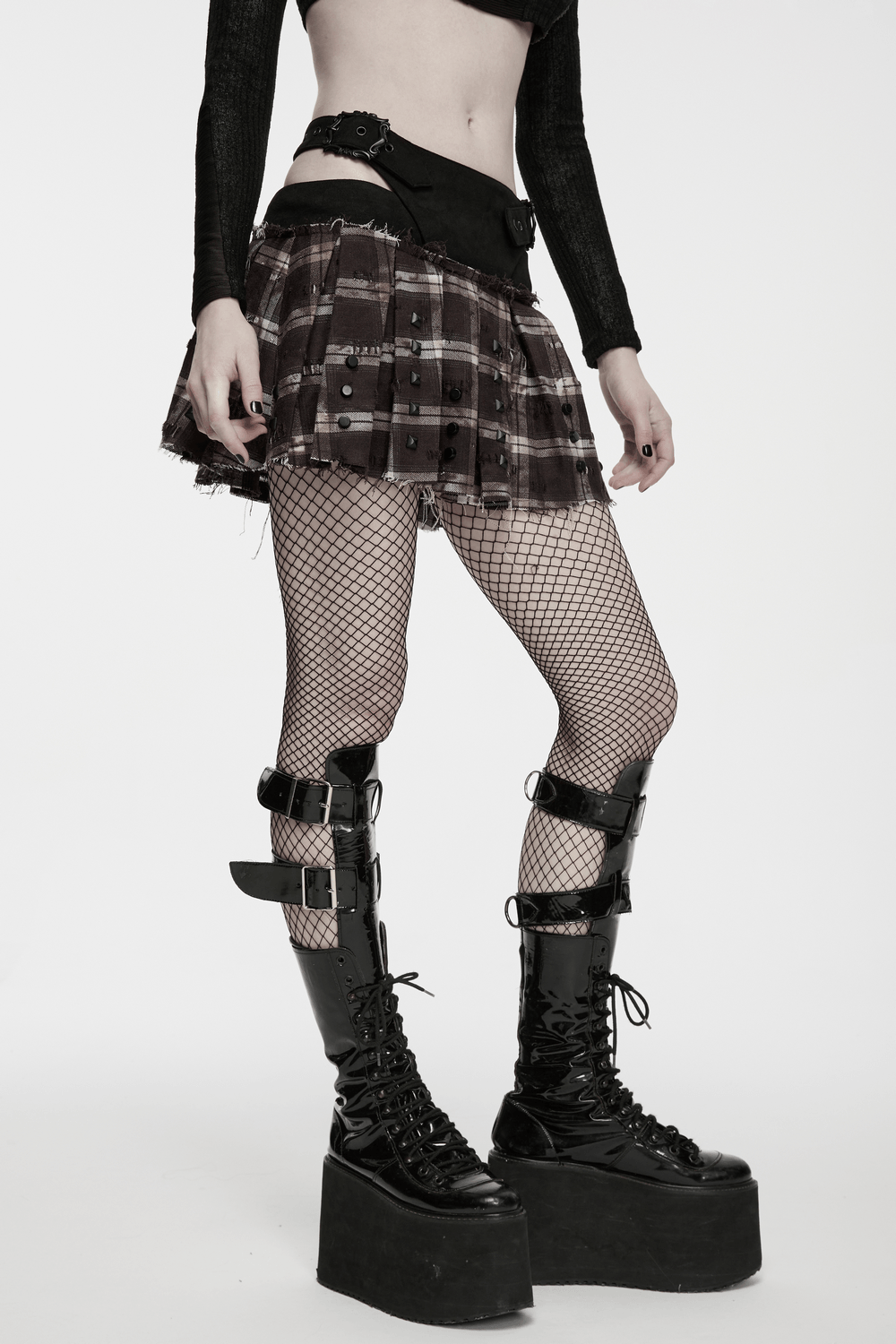 Women's Punk Plaid Mini Skirt with Studded Belt