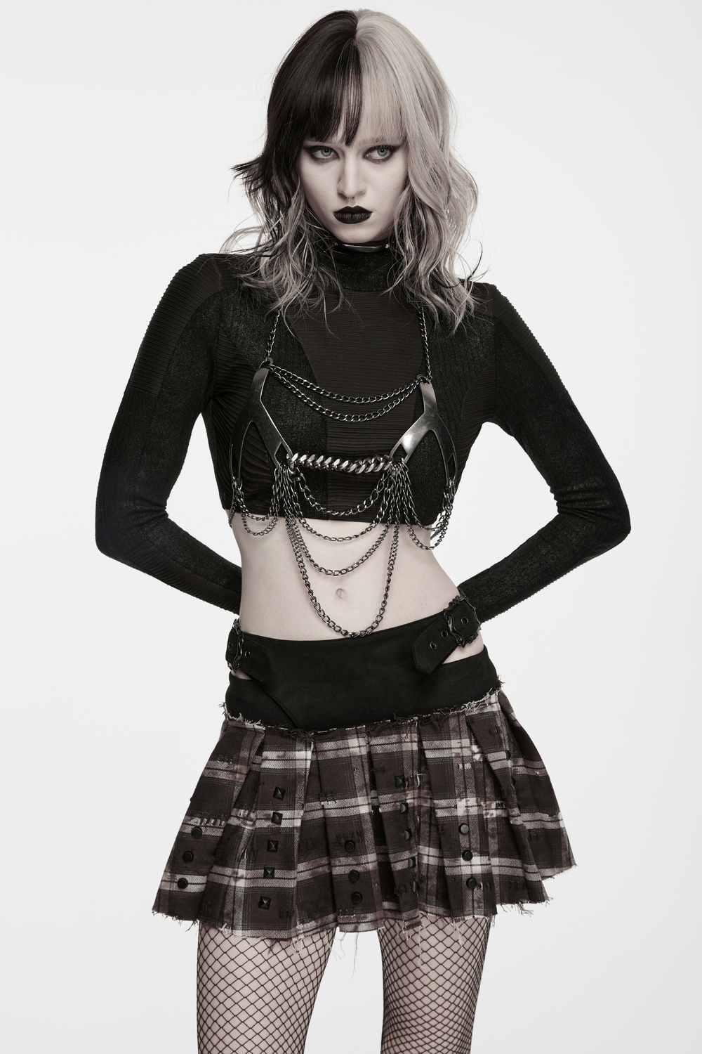 Women's Punk Plaid Mini Skirt with Studded Belt