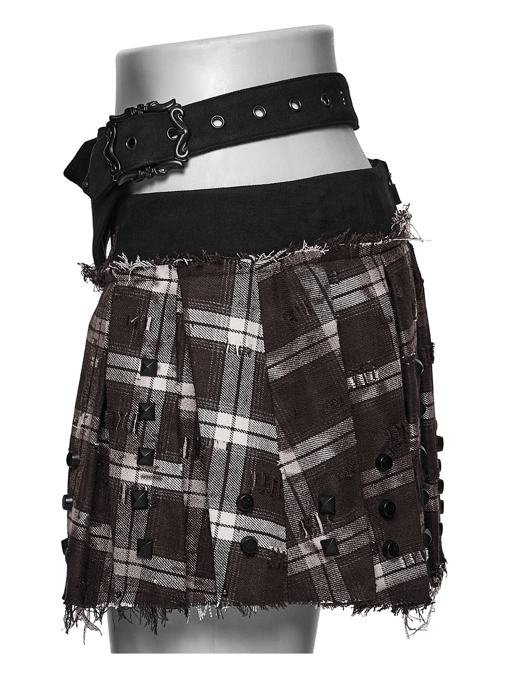 Women's Punk Plaid Mini Skirt with Studded Belt