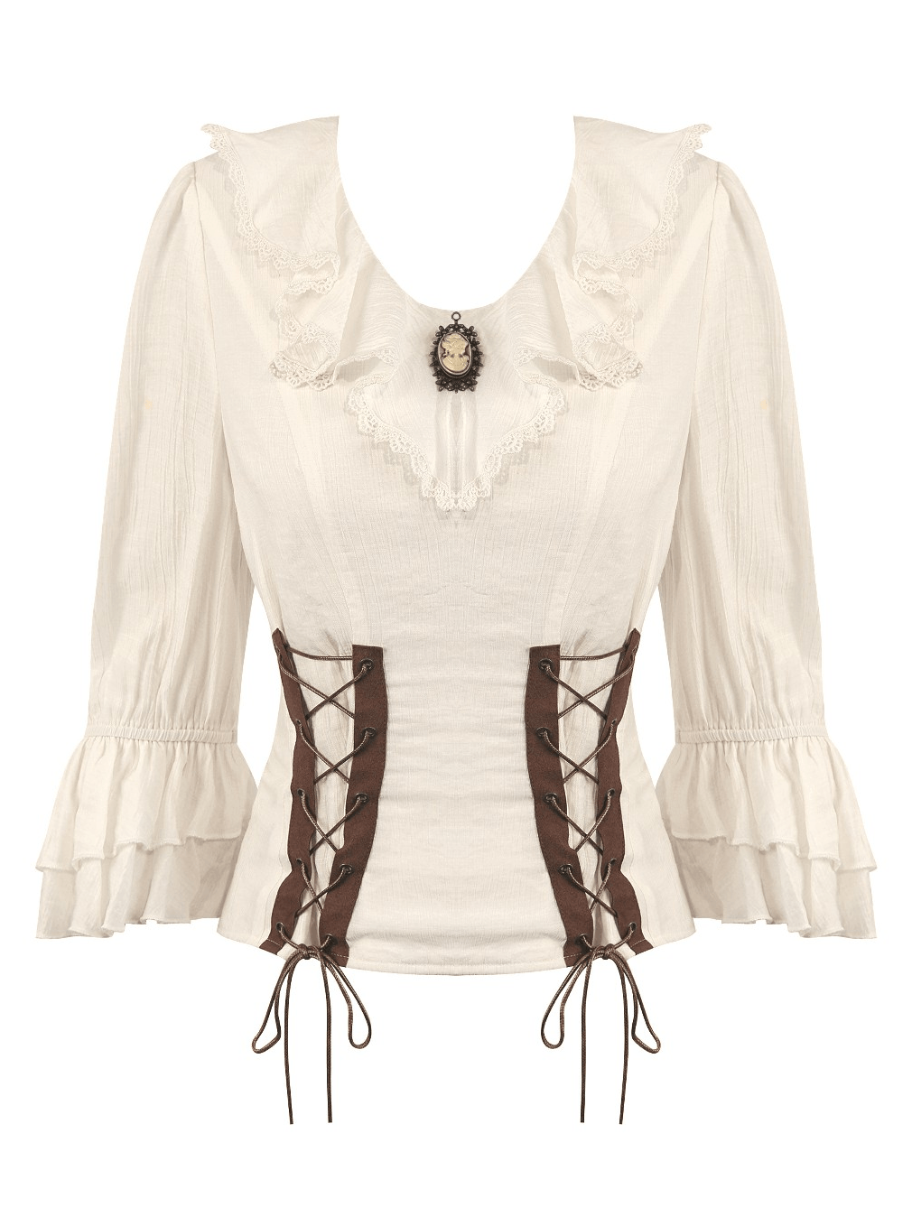 Women's Ruffle Neck Blouse with Side Lacing and Bell Cuffs