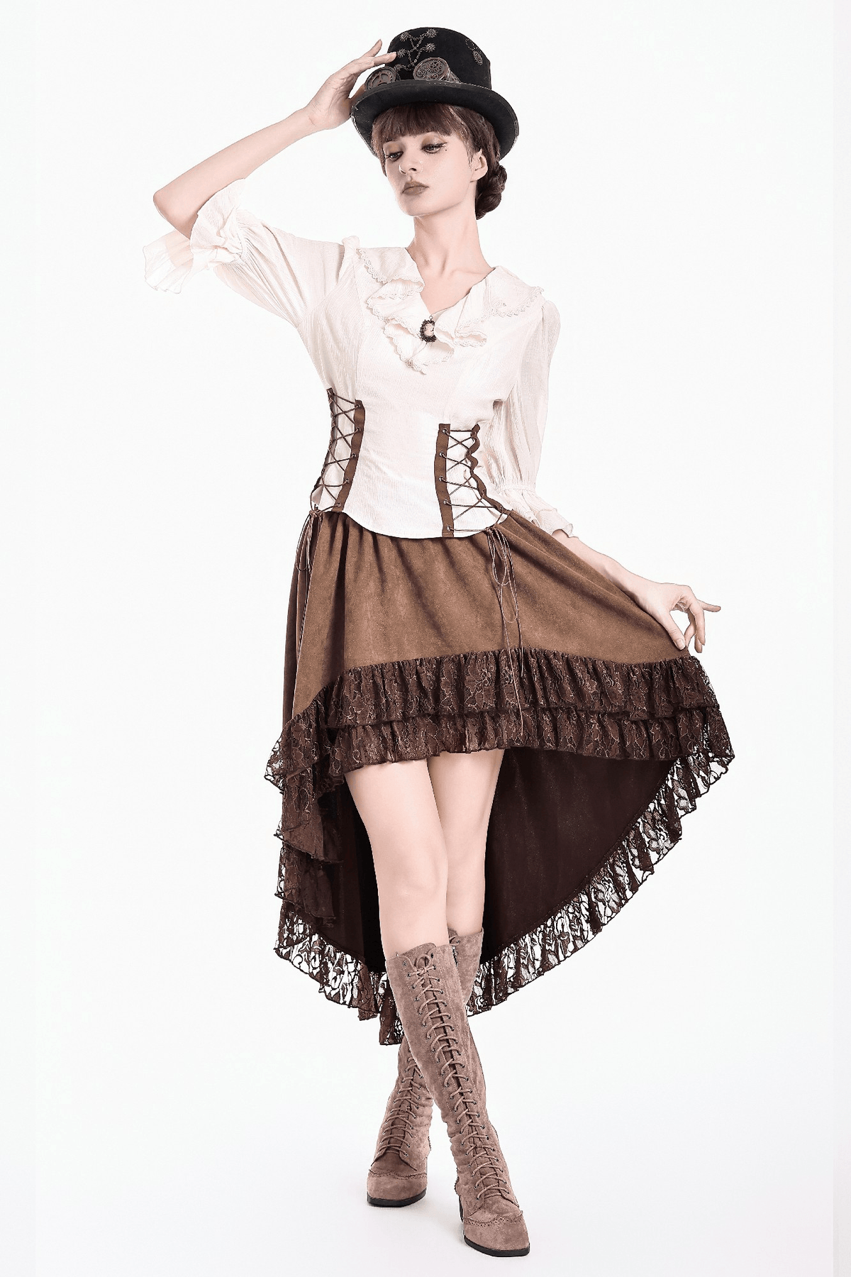 Women's Ruffle Neck Blouse with Side Lacing and Bell Cuffs