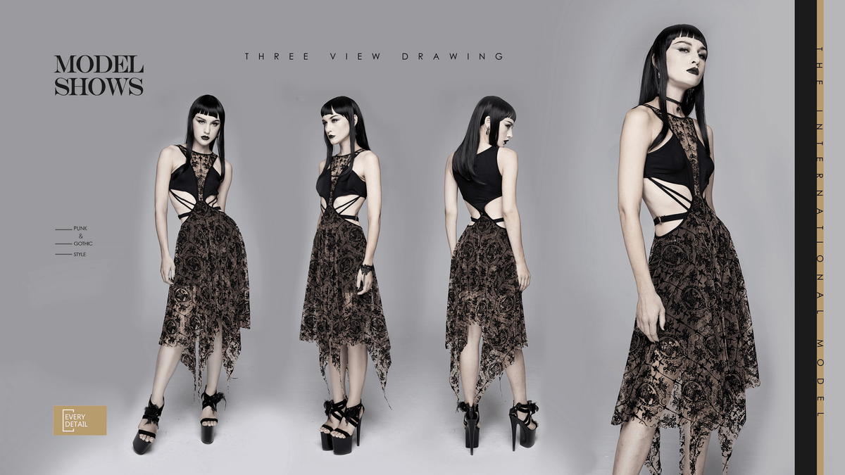 Women's Sexy Sleeveless Vintage Pattern Irregular Dress / Gothic Dress With Metal Hearts on Straps