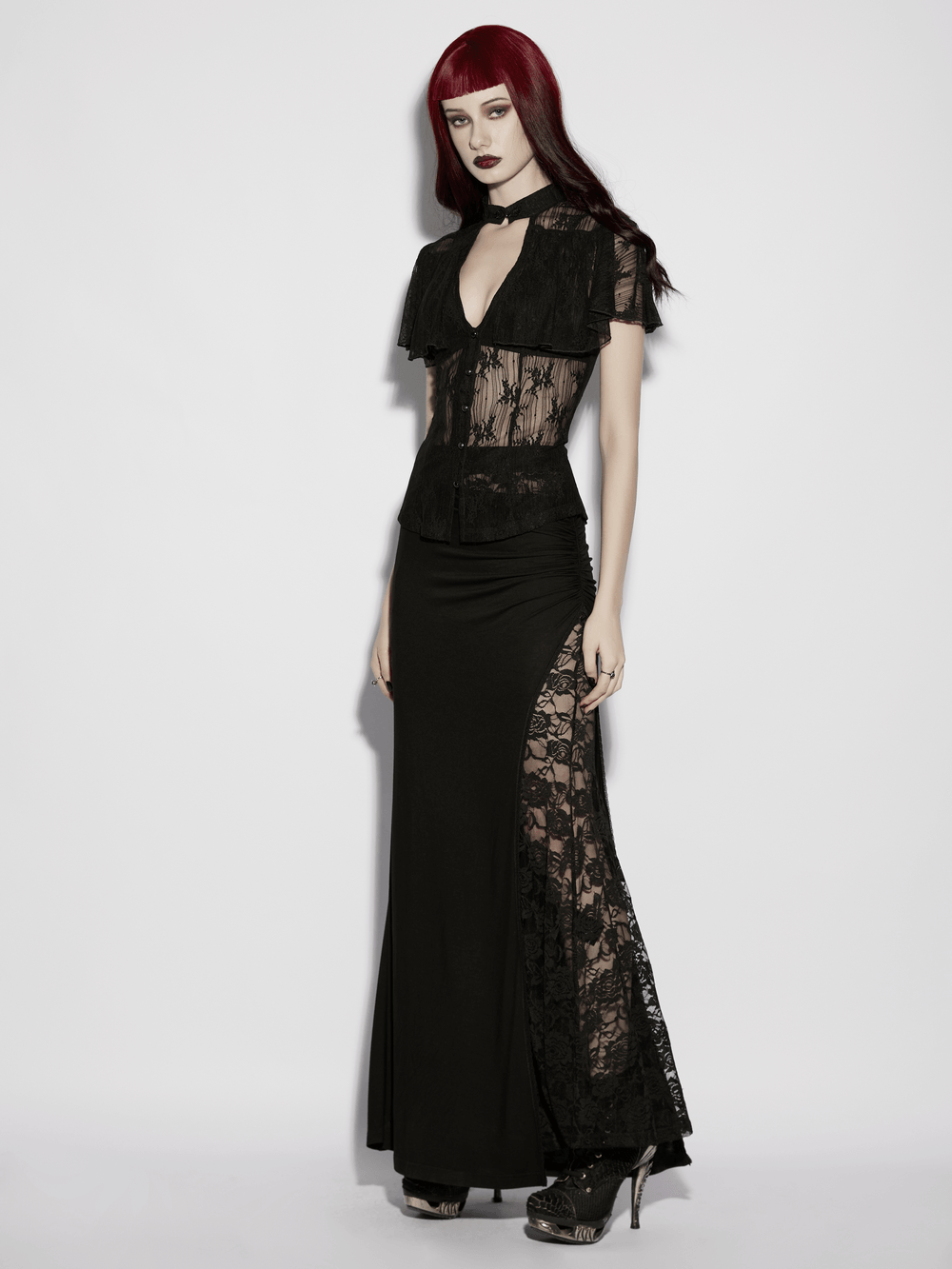 Women's Sheer Gothic Lace Up Waist Blouse Top