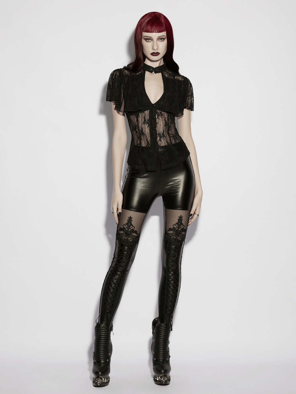 Women's Sheer Gothic Lace Up Waist Blouse Top