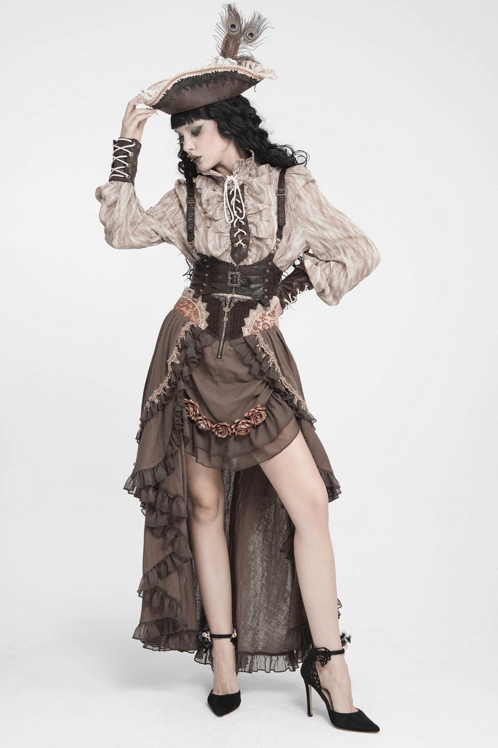 Women's Steampunk High-Low Skirt with Ruffled Trim