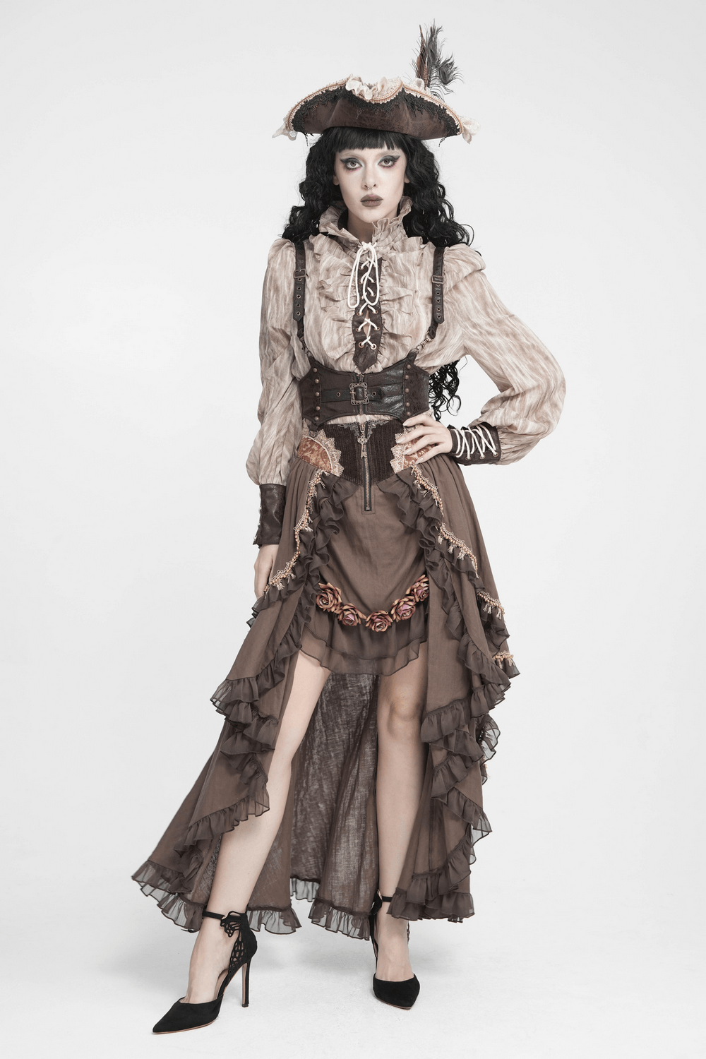Women's Steampunk High-Low Skirt with Ruffled Trim