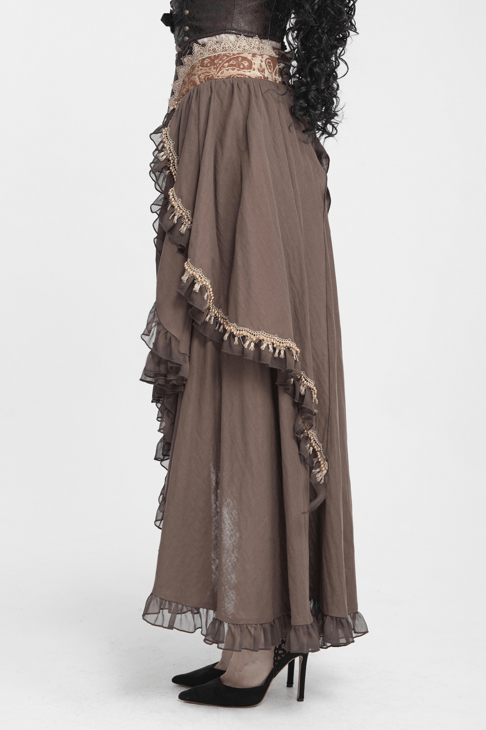 Women's Steampunk High-Low Skirt with Ruffled Trim