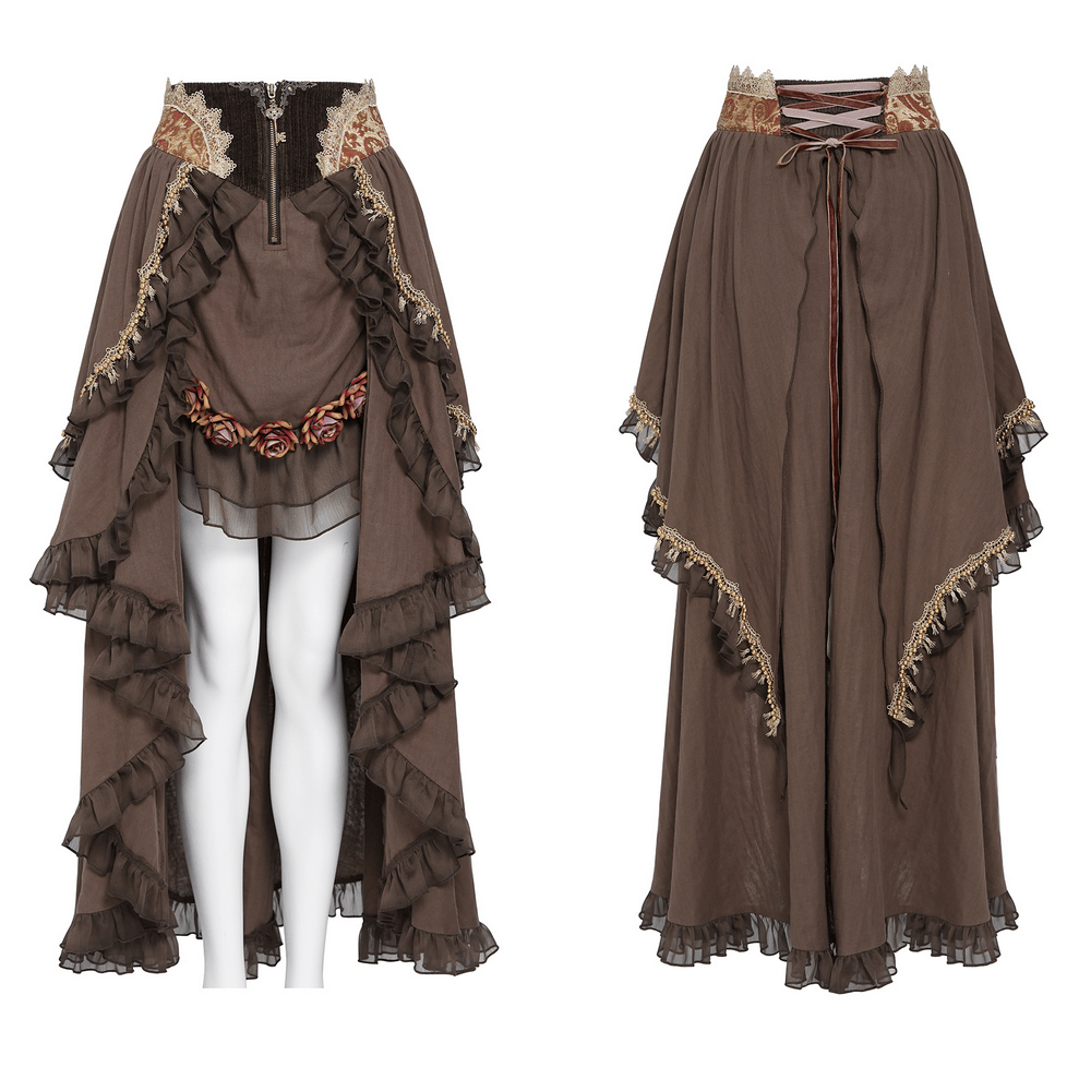 Women's Steampunk High-Low Skirt with Ruffled Trim