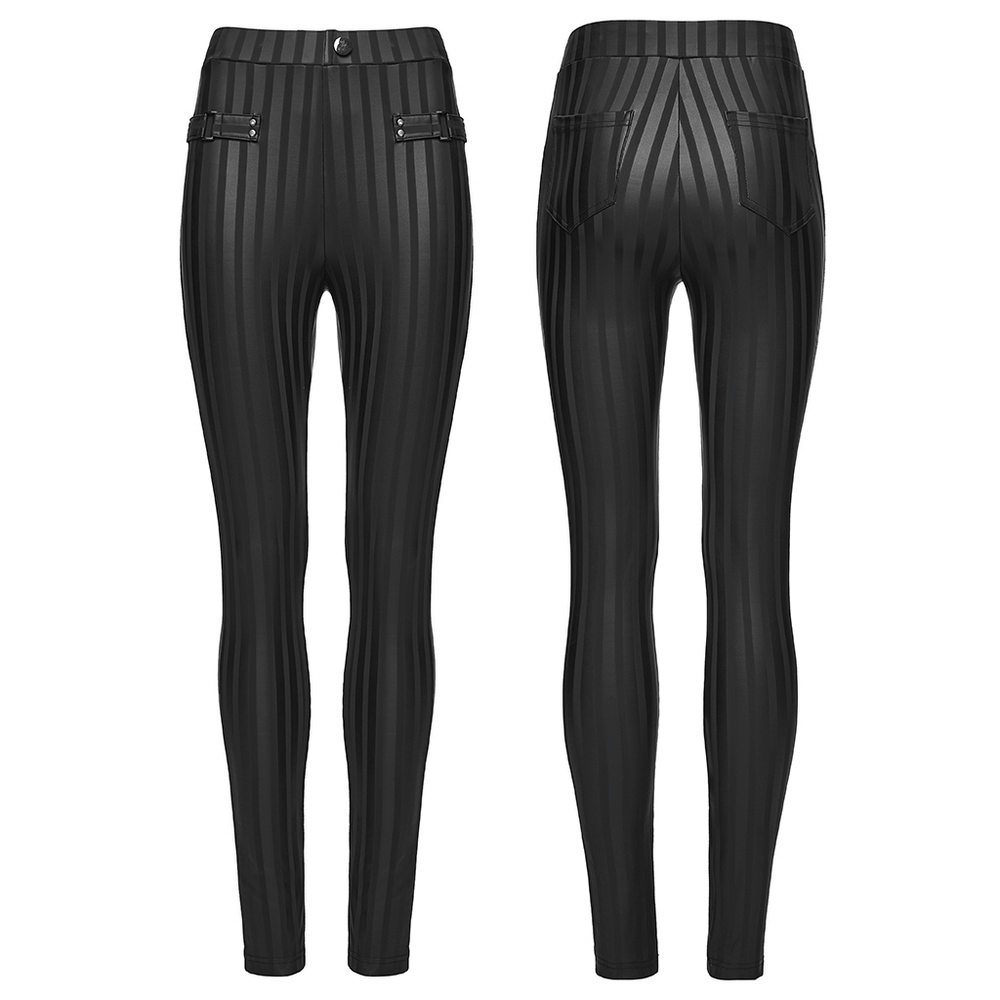 Women's Striped Leggings with Buckle Straps and Pockets