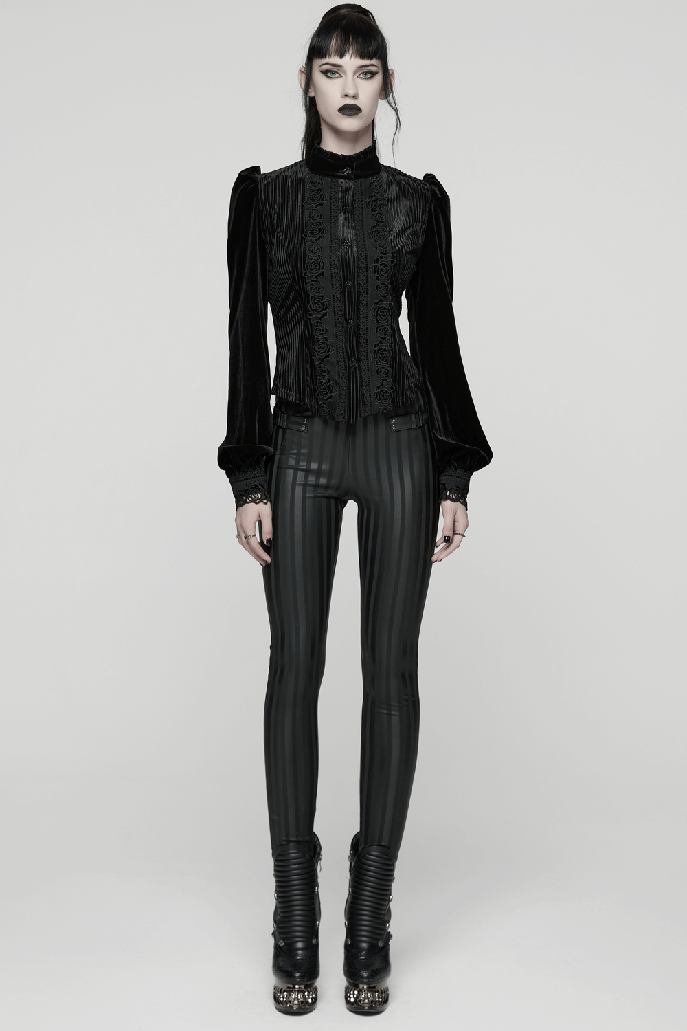 Women's Striped Leggings with Buckle Straps and Pockets