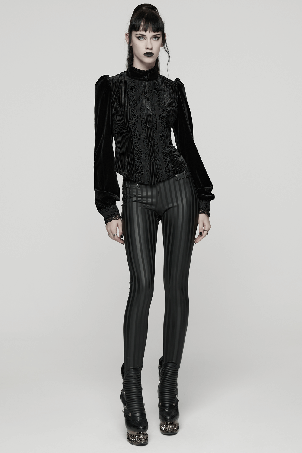 Women's Striped Leggings with Buckle Straps and Pockets
