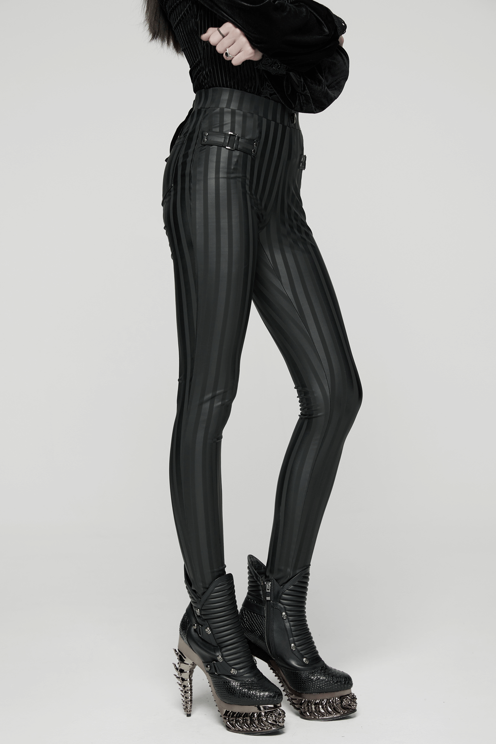 Women's Striped Leggings with Buckle Straps and Pockets