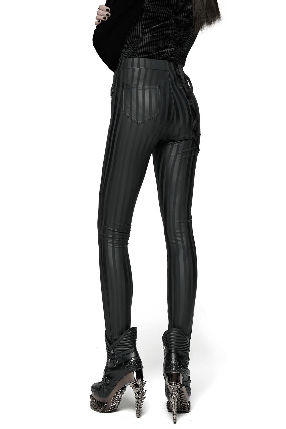 Women's Striped Leggings with Buckle Straps and Pockets