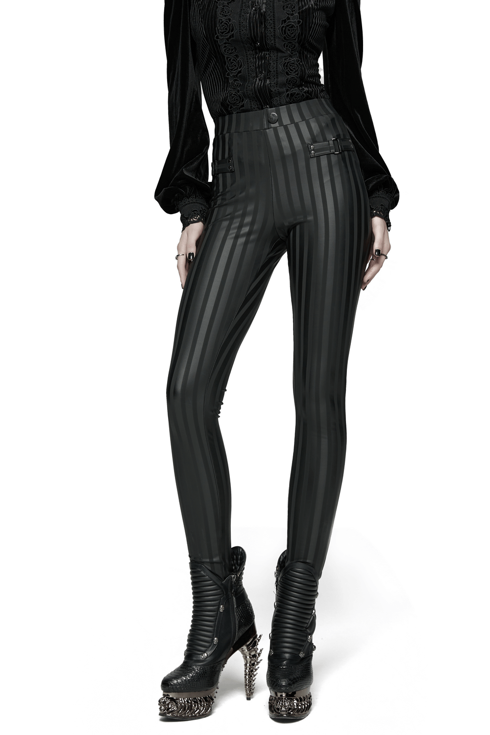 Women's Striped Leggings with Buckle Straps and Pockets