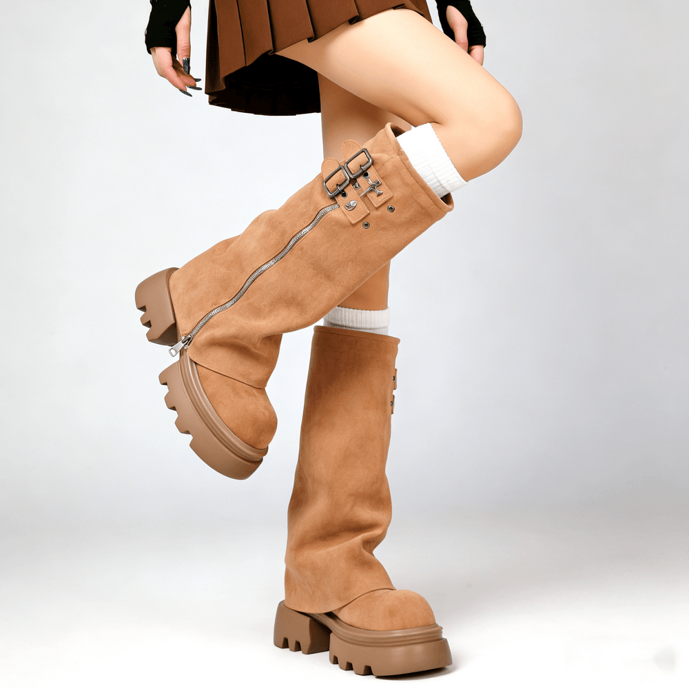Women's Tan Buckle Zip Chunky Sole Platform Boots