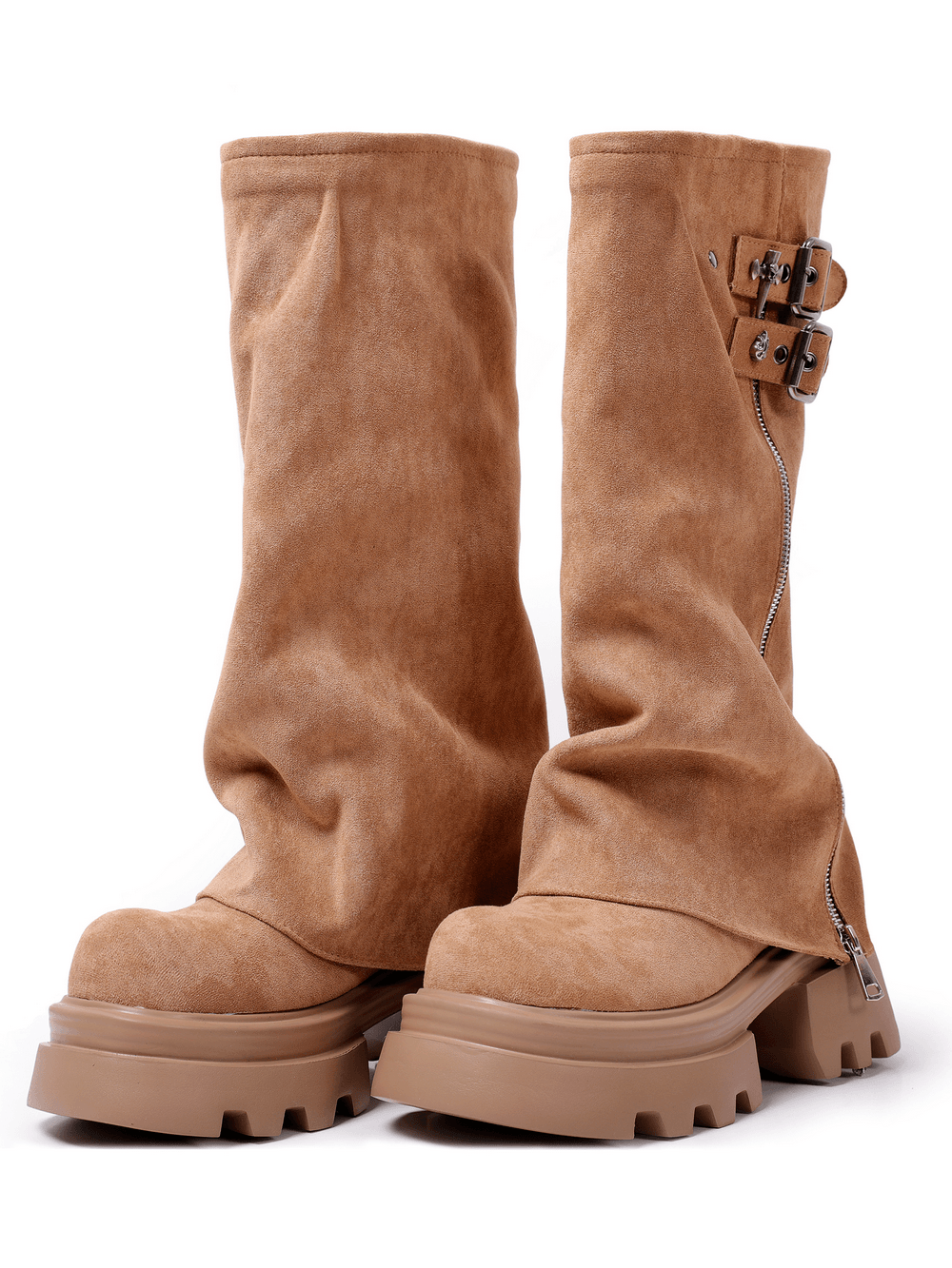 Women's Tan Buckle Zip Chunky Sole Platform Boots