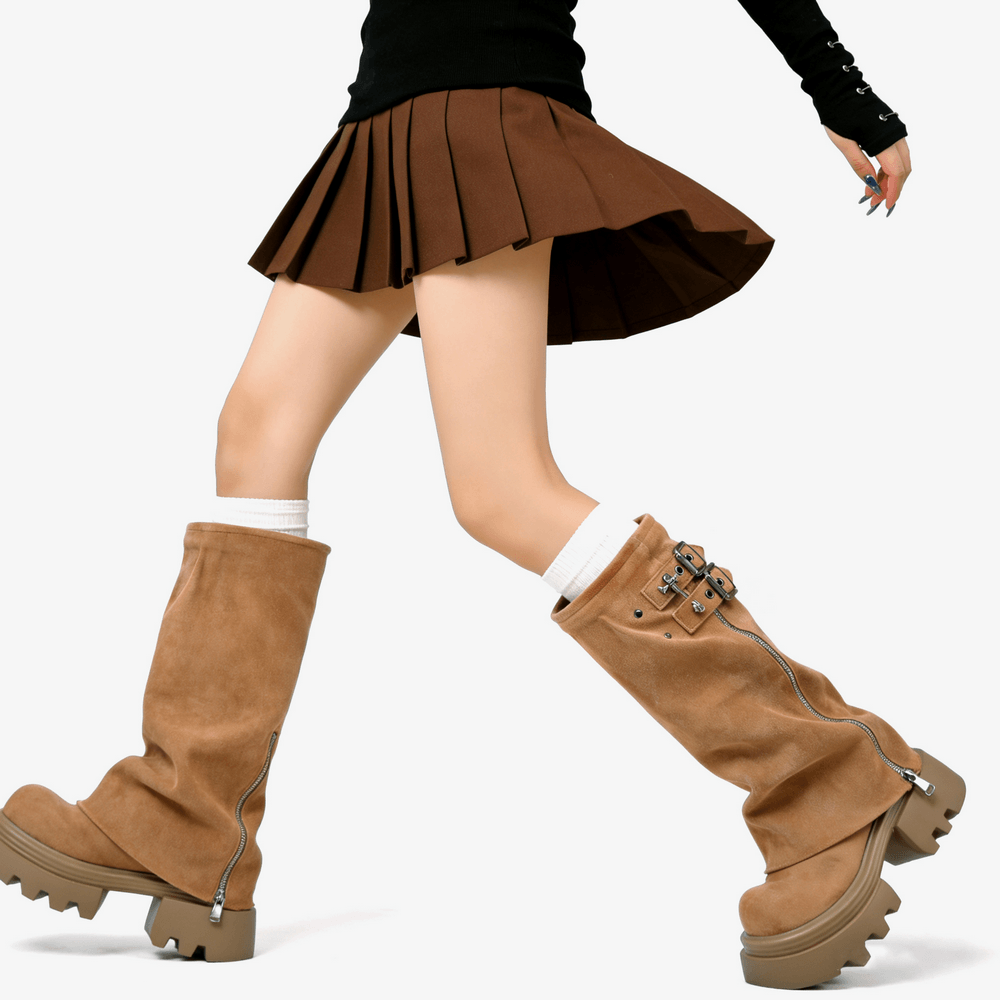 Women's Tan Buckle Zip Chunky Sole Platform Boots