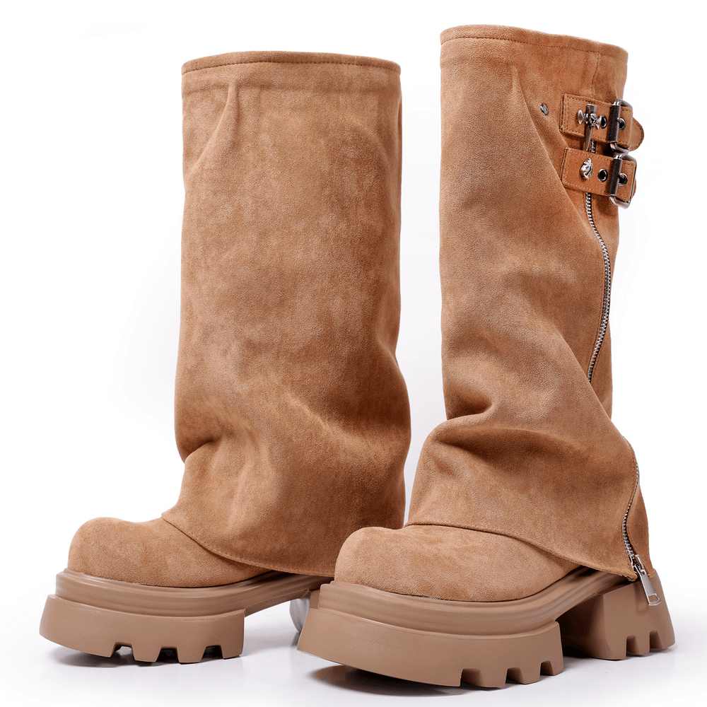 Women's Tan Buckle Zip Chunky Sole Platform Boots