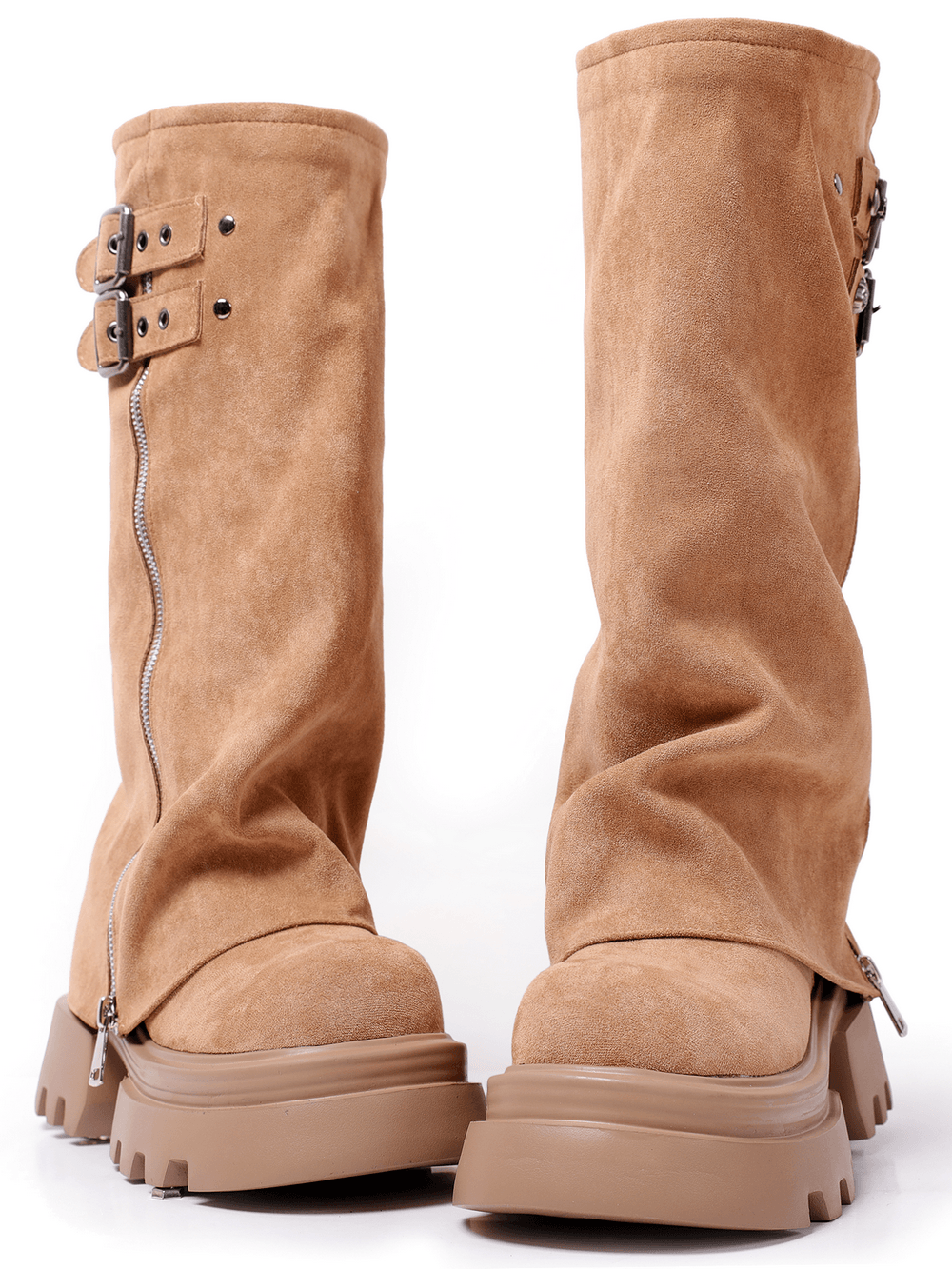 Women's Tan Buckle Zip Chunky Sole Platform Boots