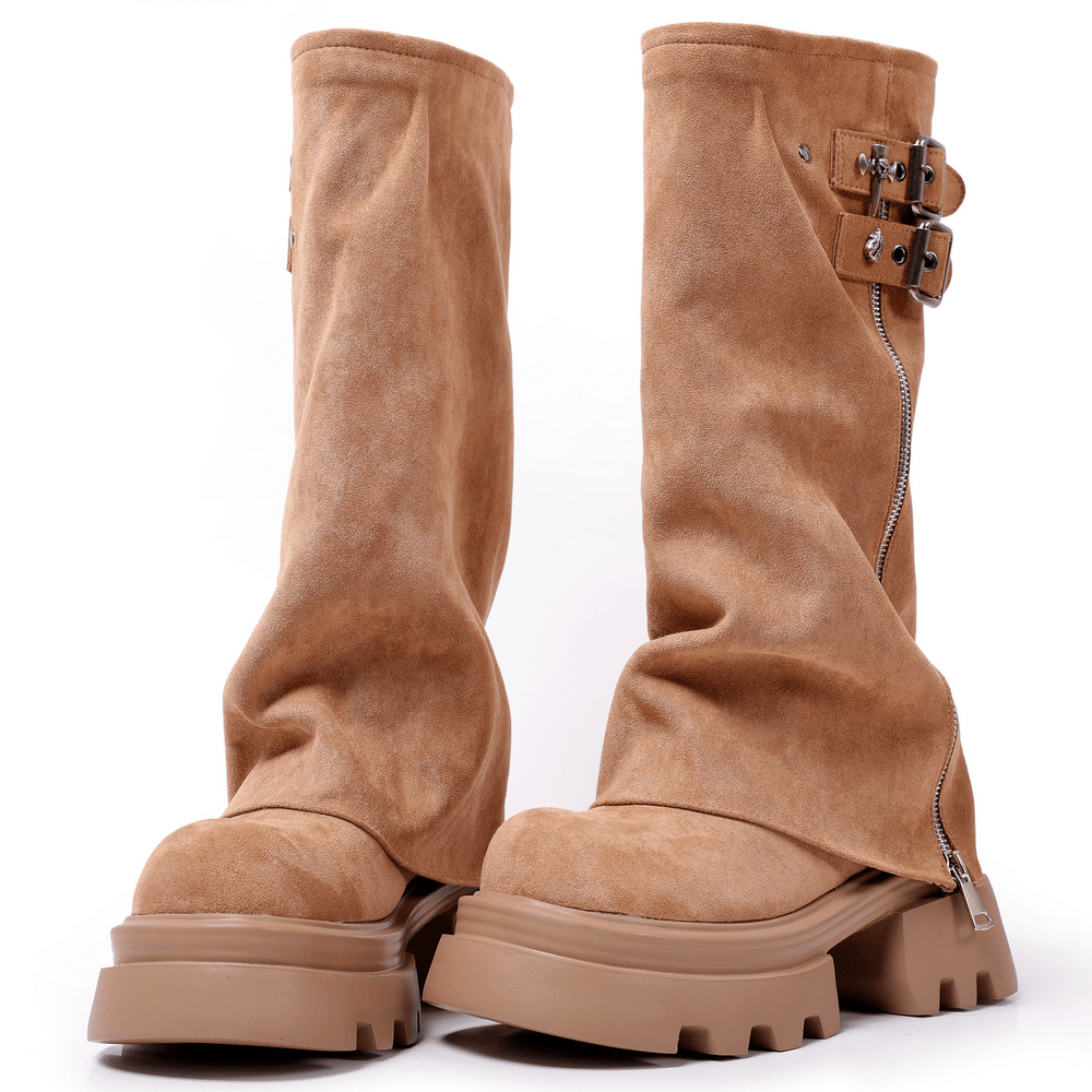 Women's Tan Buckle Zip Chunky Sole Platform Boots