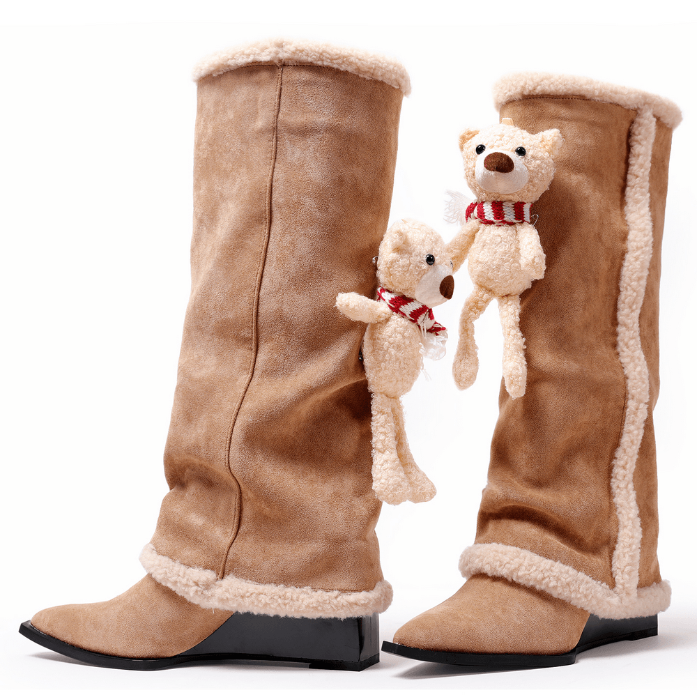 Women's Teddy Bear Knee High Wedge Boots With Sherpa Trim