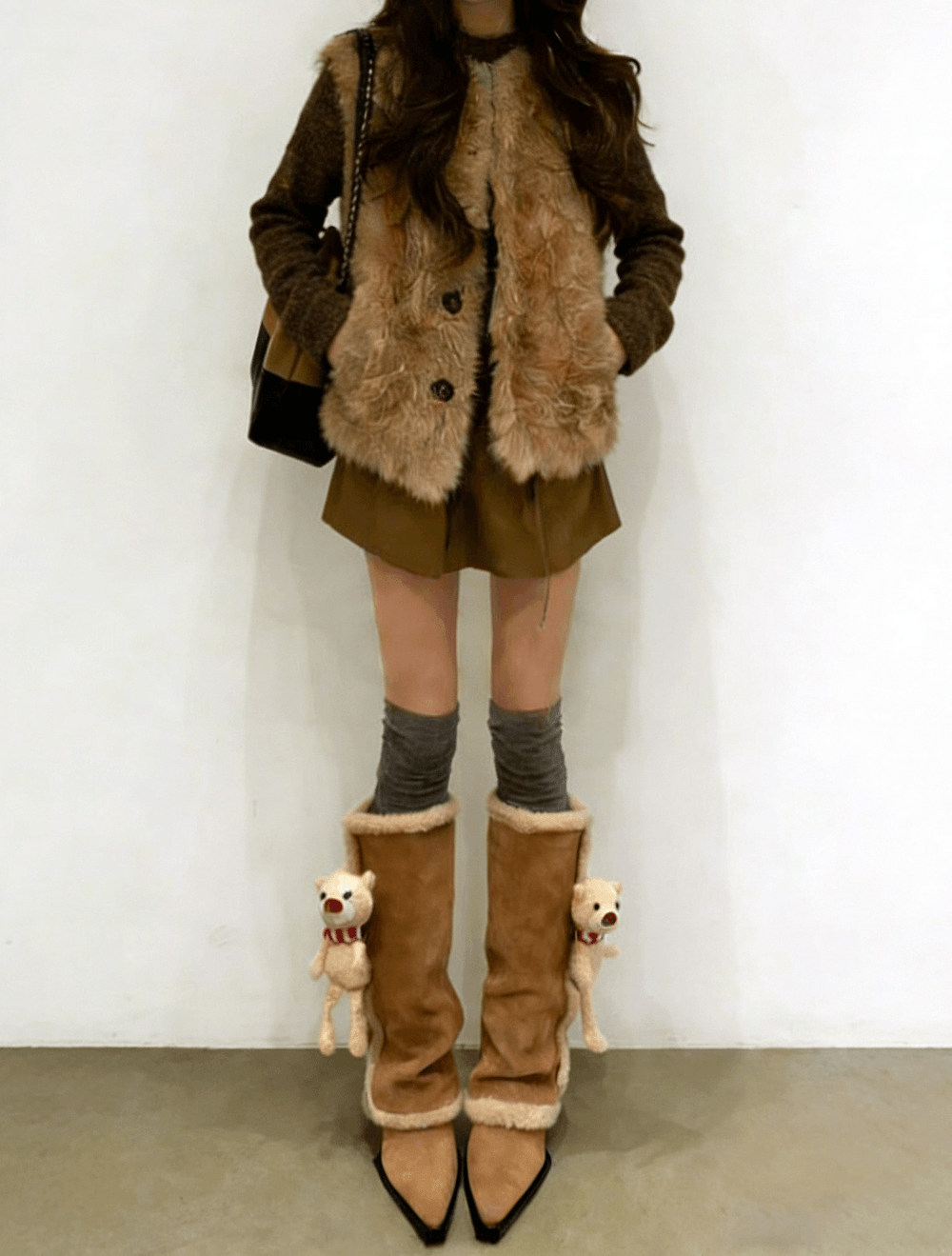 Women's Teddy Bear Knee High Wedge Boots With Sherpa Trim