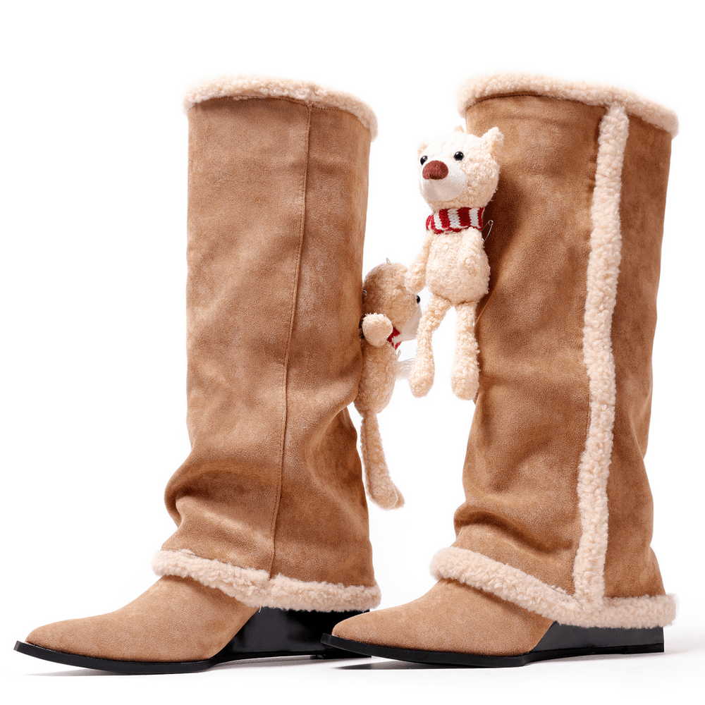 Women's Teddy Bear Knee High Wedge Boots With Sherpa Trim