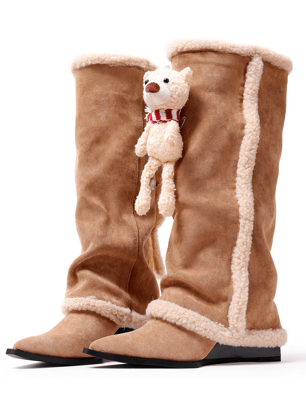 Women's Teddy Bear Knee High Wedge Boots With Sherpa Trim