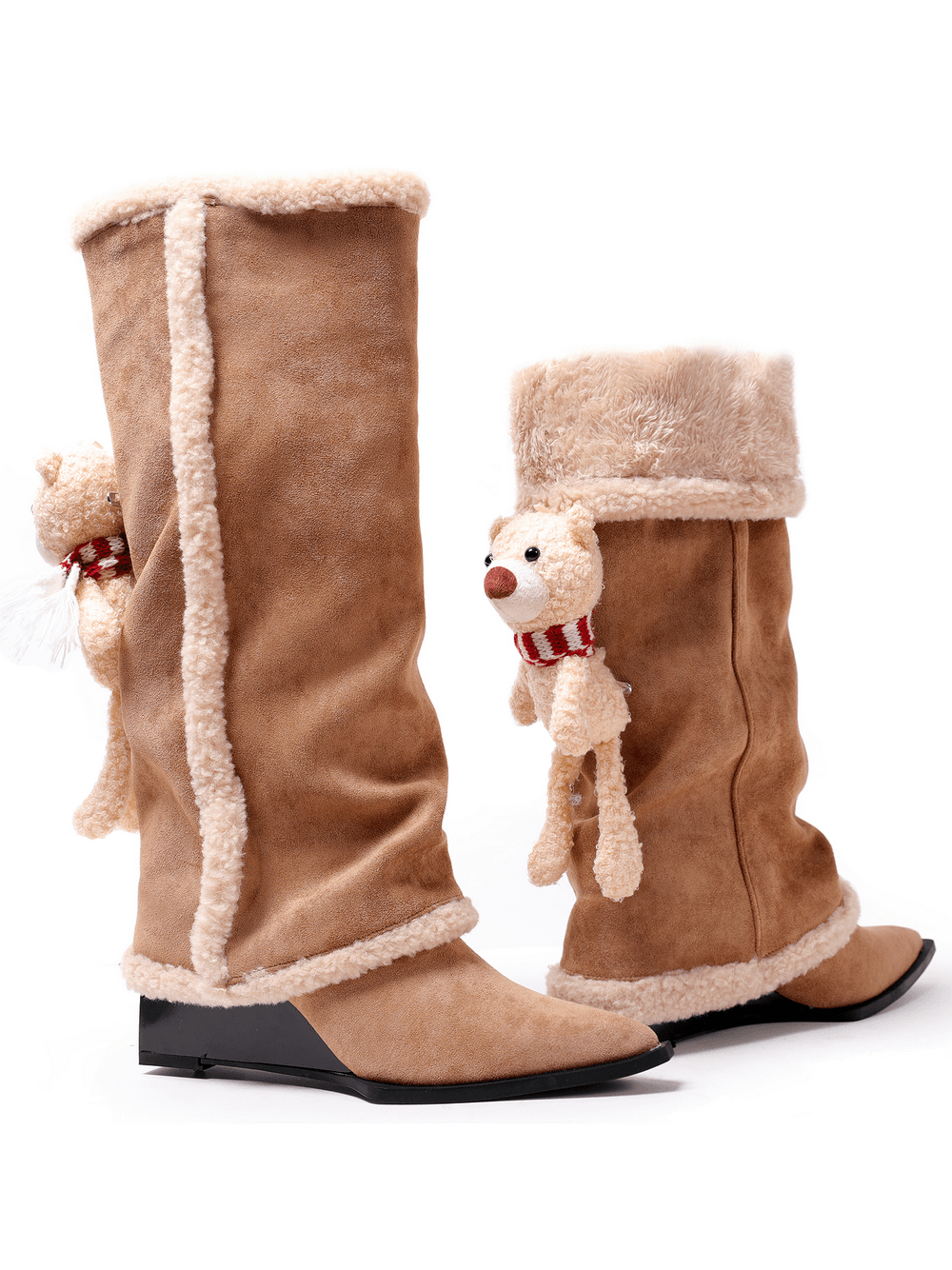 Women's Teddy Bear Knee High Wedge Boots With Sherpa Trim