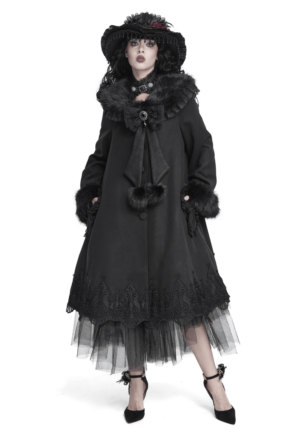 Women's Victorian Gothic Faux Fur Trim Long Coat