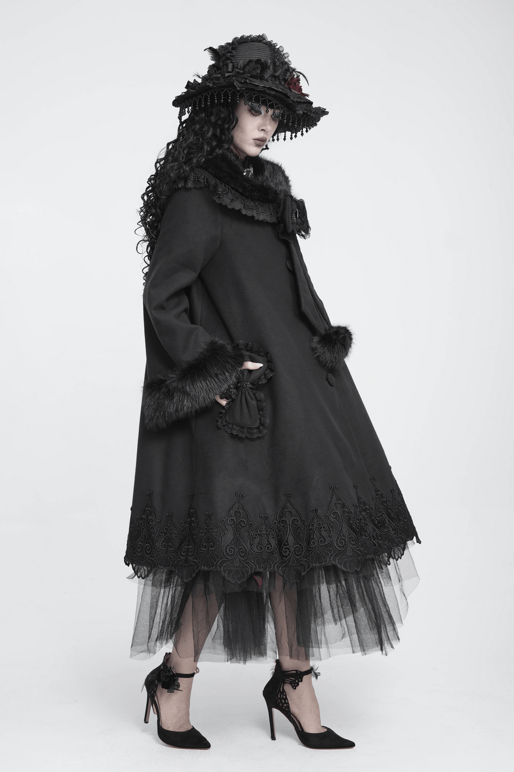 Women's Victorian Gothic Faux Fur Trim Long Coat