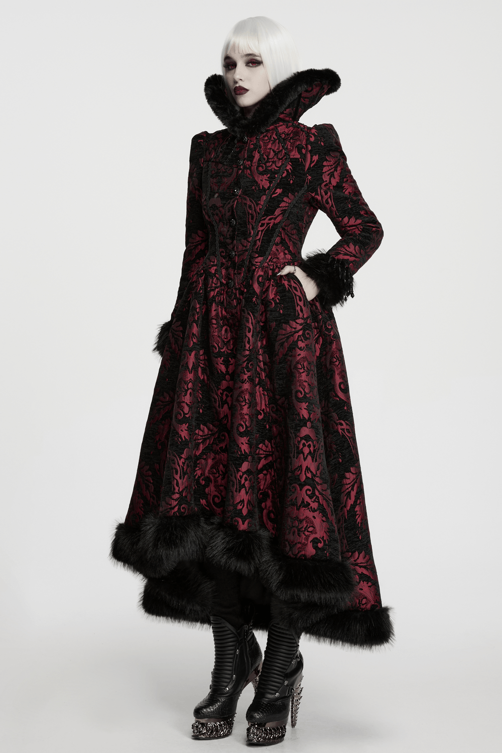 Women's Victorian Gothic Jacquard Coat with Faux Fur