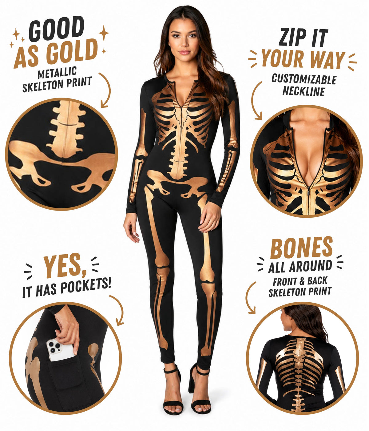 Antique Gold Skeleton Bodysuit Costume