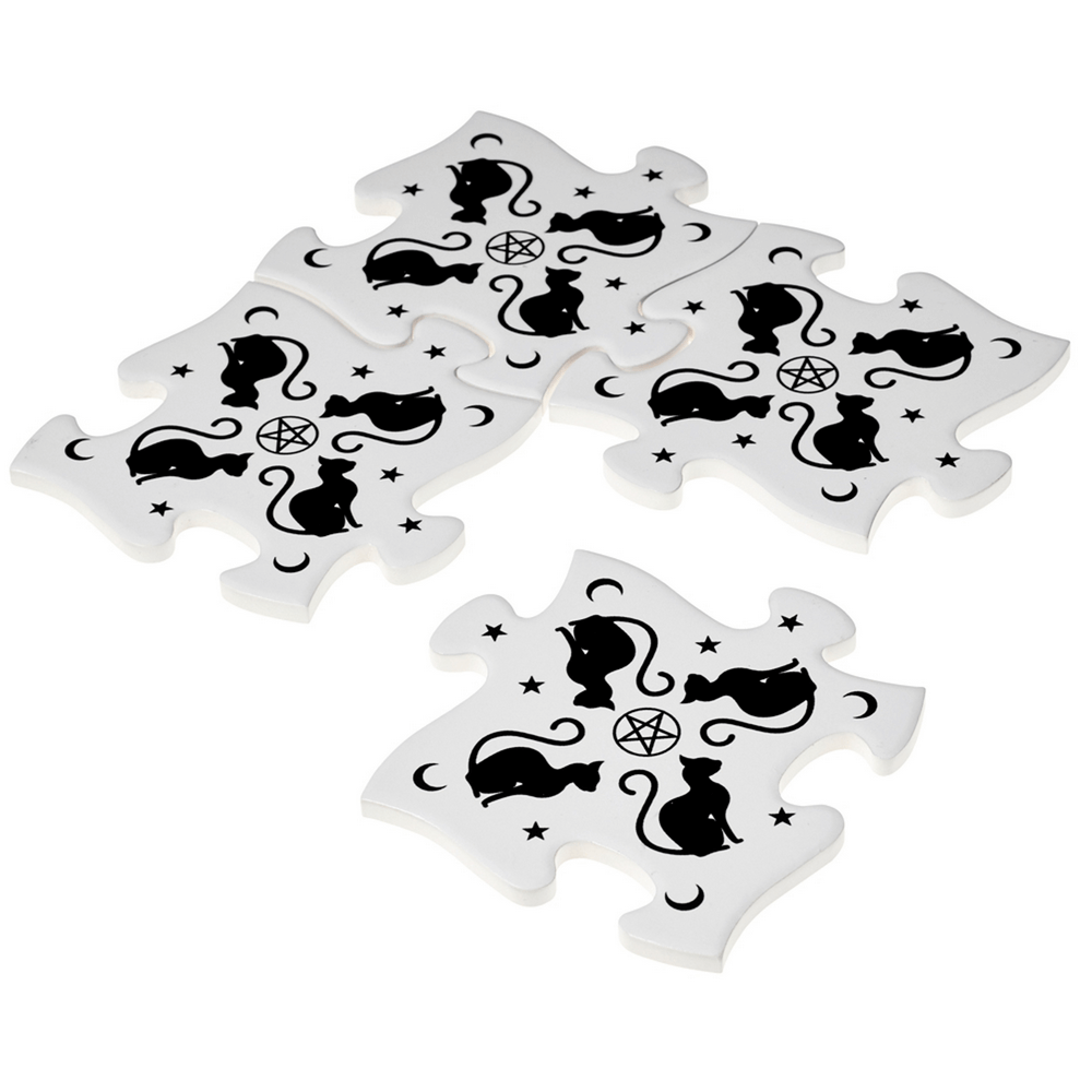 Alchemy Black Cat and Pentagram Jigsaw Coaster Set