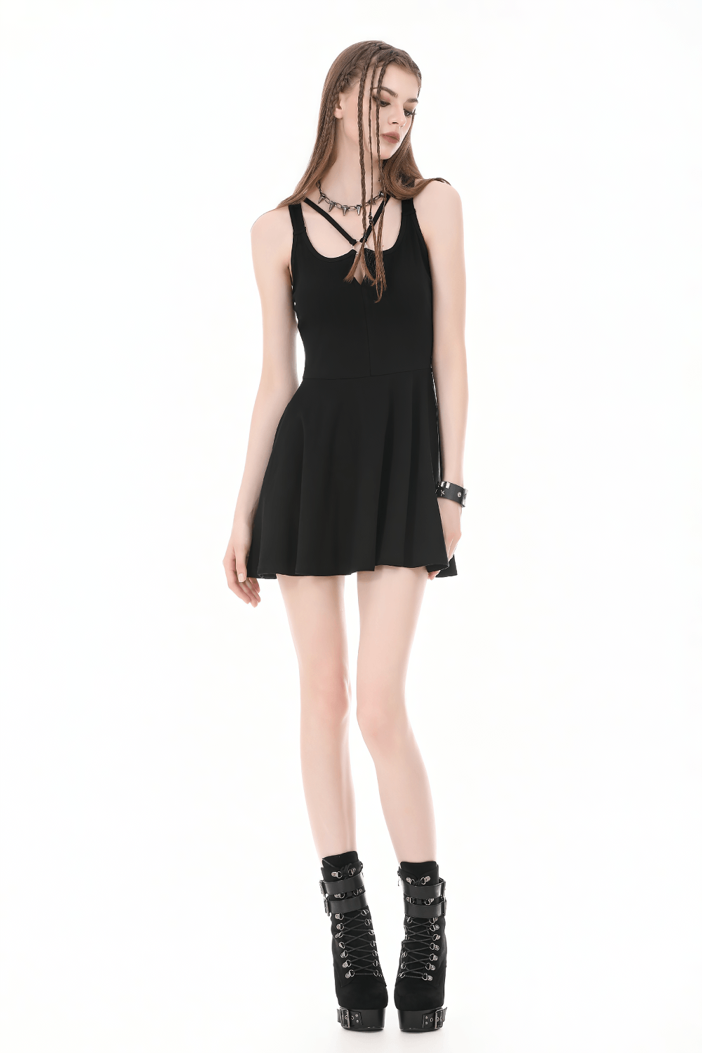Alternative Halter Mini Dress with Cross Strap Neckline