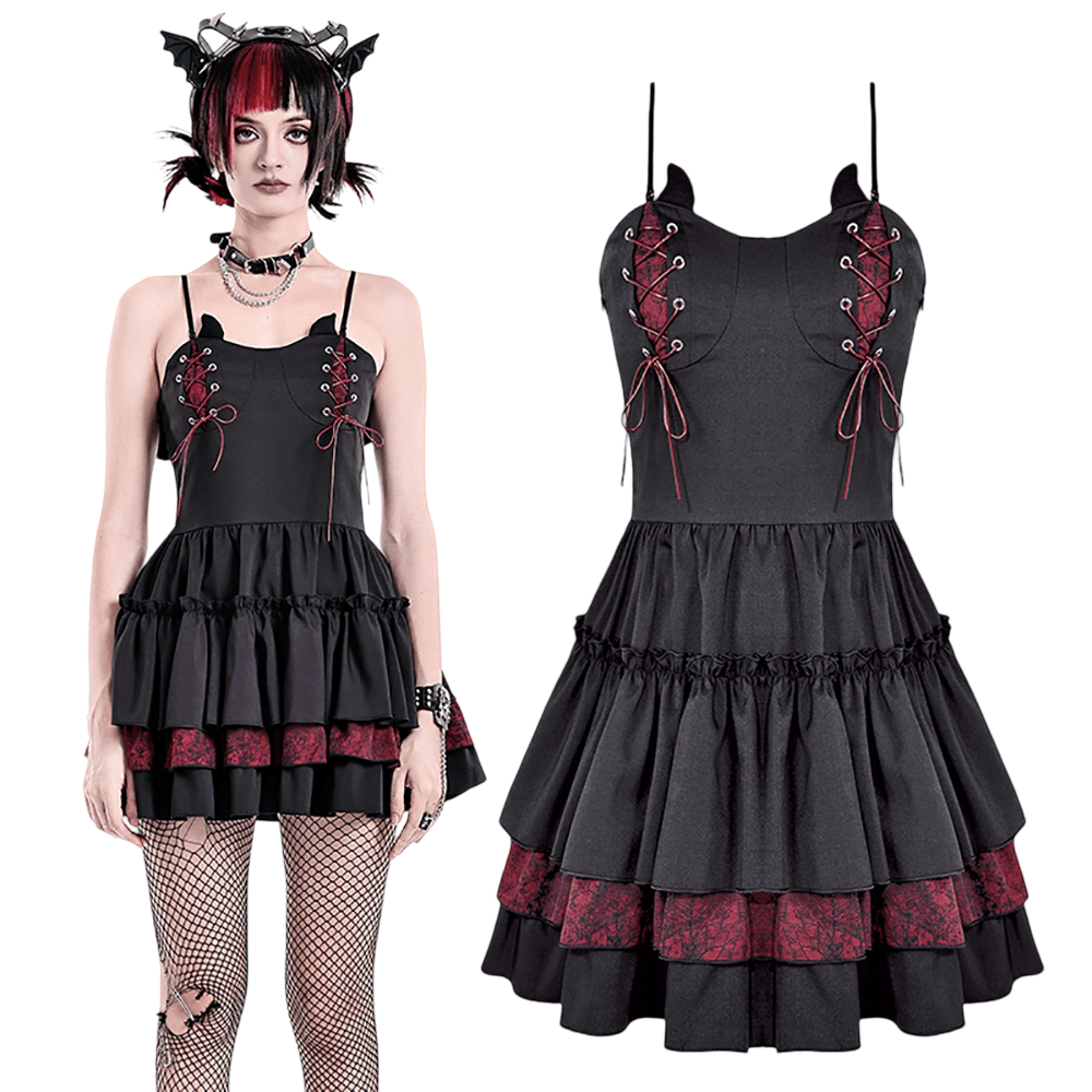Alternative Lace-Up Ruffle Mini Dress with Bat Straps