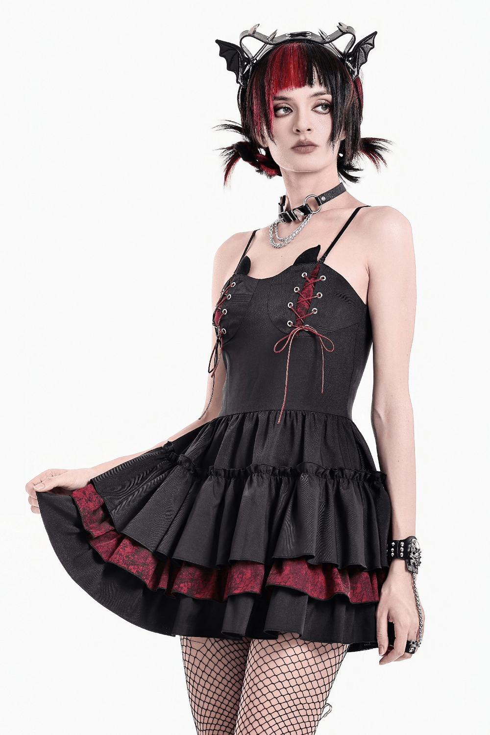 Alternative Lace-Up Ruffle Mini Dress with Bat Straps